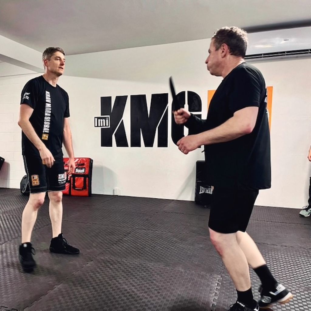 Krav Maga training drill for awareness and defence against a knife threat in Auckland