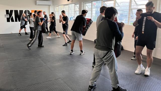 Pad drills during a Krav Maga class at Krav Maga Auckland, North Shore Birkenhead